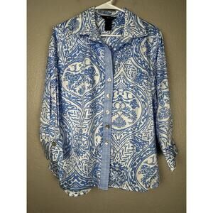 Ali Miles Blue White Collared Patterned Button Up Shirt Size Small Summer Spring